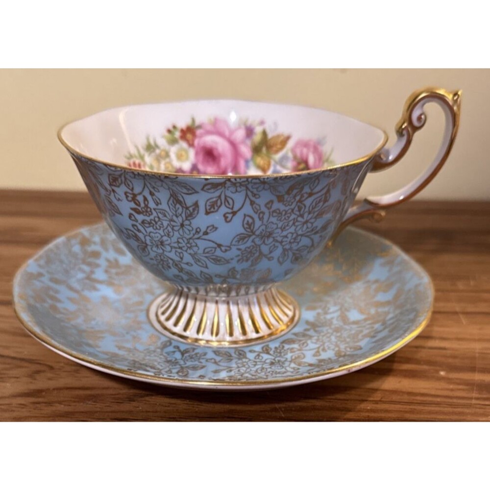 Vintage Royal Albert Turquoise/Light Blue Gold Floral Teacup + Saucer England